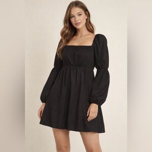 Exlura Black Puff Sleeve Babydoll Dress Square Neck Long Sleeve L‎ NWT